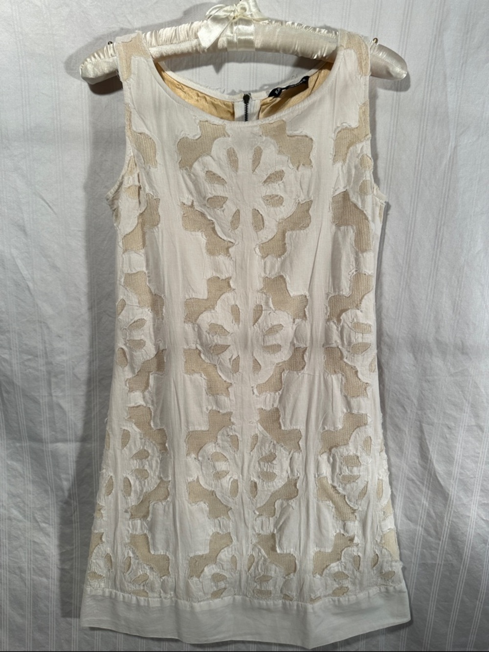 Sleeveless White Dress with Beige Underlayer and Embroidered Overlay